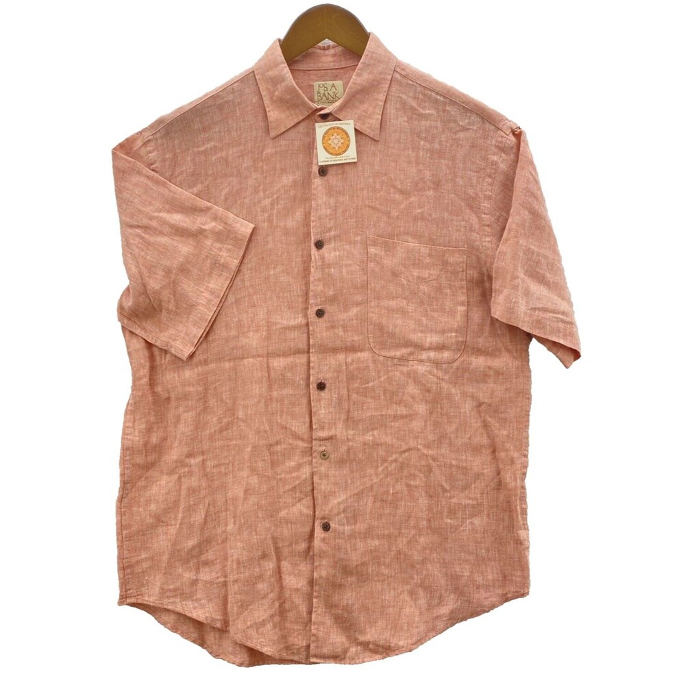 Jos A Bank Linen Shirt Men's Medium Pink Short Sleeve Summer Comfort Button Up - Picture 2 of 16